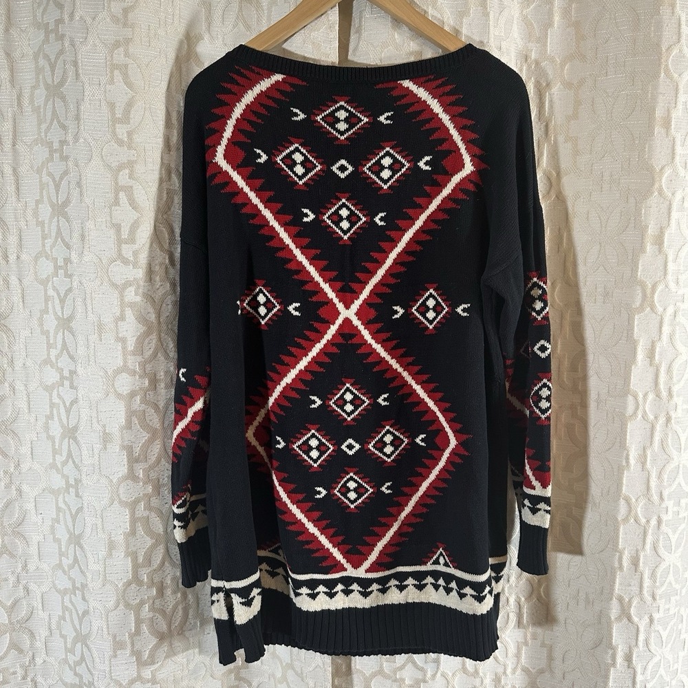 Lauren Ralph Lauren Sweater Womens Black Red Southwest Aztec Knit Pullover Sz XL - Picture 2 of 8